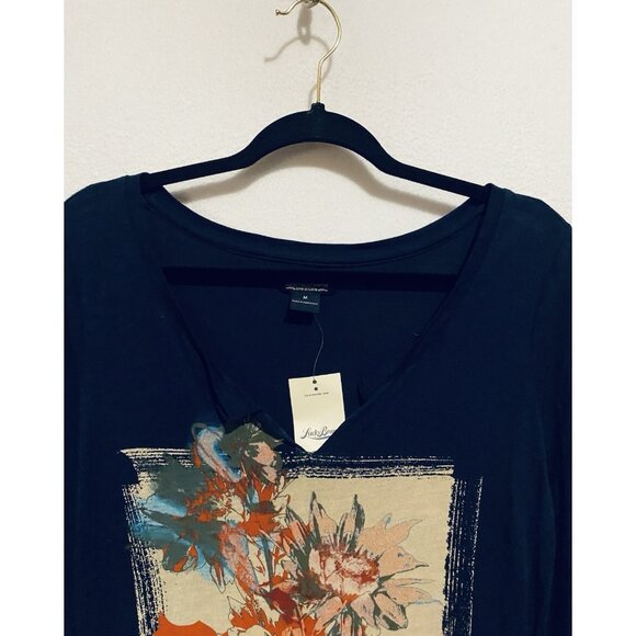 Lucky Brand Top Womens Medium Navy Blue Floral Graphic Tee Lightweight Boho - Picture 2 of 8
